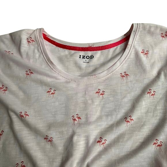 Ladies IZOD size L PINK flamingos short sleeve casual tee shirt top knot front - Picture 2 of 8